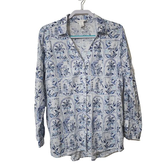 C&C California Womens Linen Shirt Roll-Tab Sleeve White Blue Tropical Size L - Picture 1 of 8